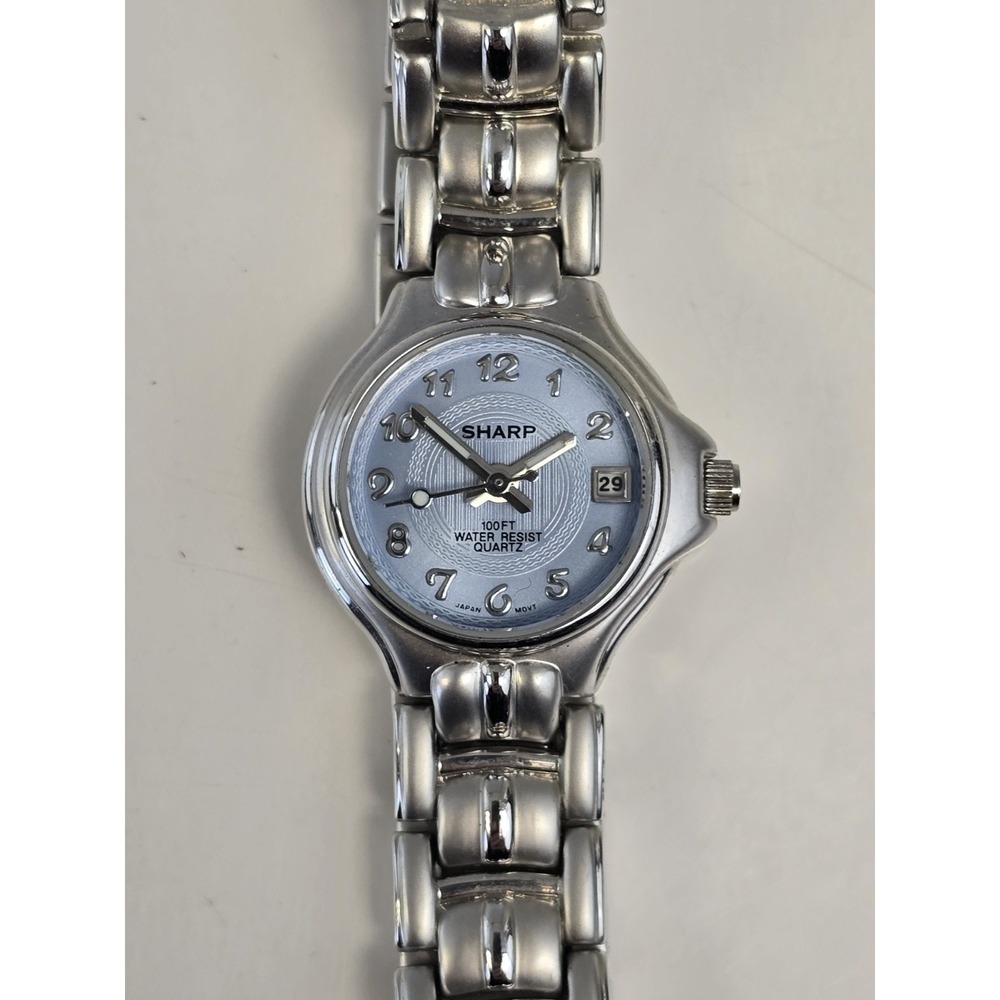 Sharp Purple Dial Date Indicator Silver Tone Round Case Linkn Band Quartz Watch